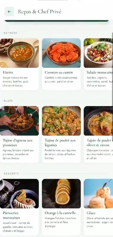 La carte du chef dans l'application : entrées, plats et desserts en photos.